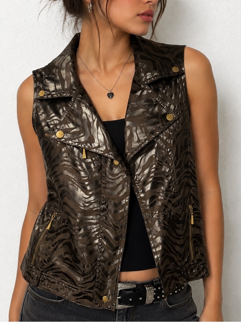 Metallic Brown Zebra-Print Sleeveless Moto Vest